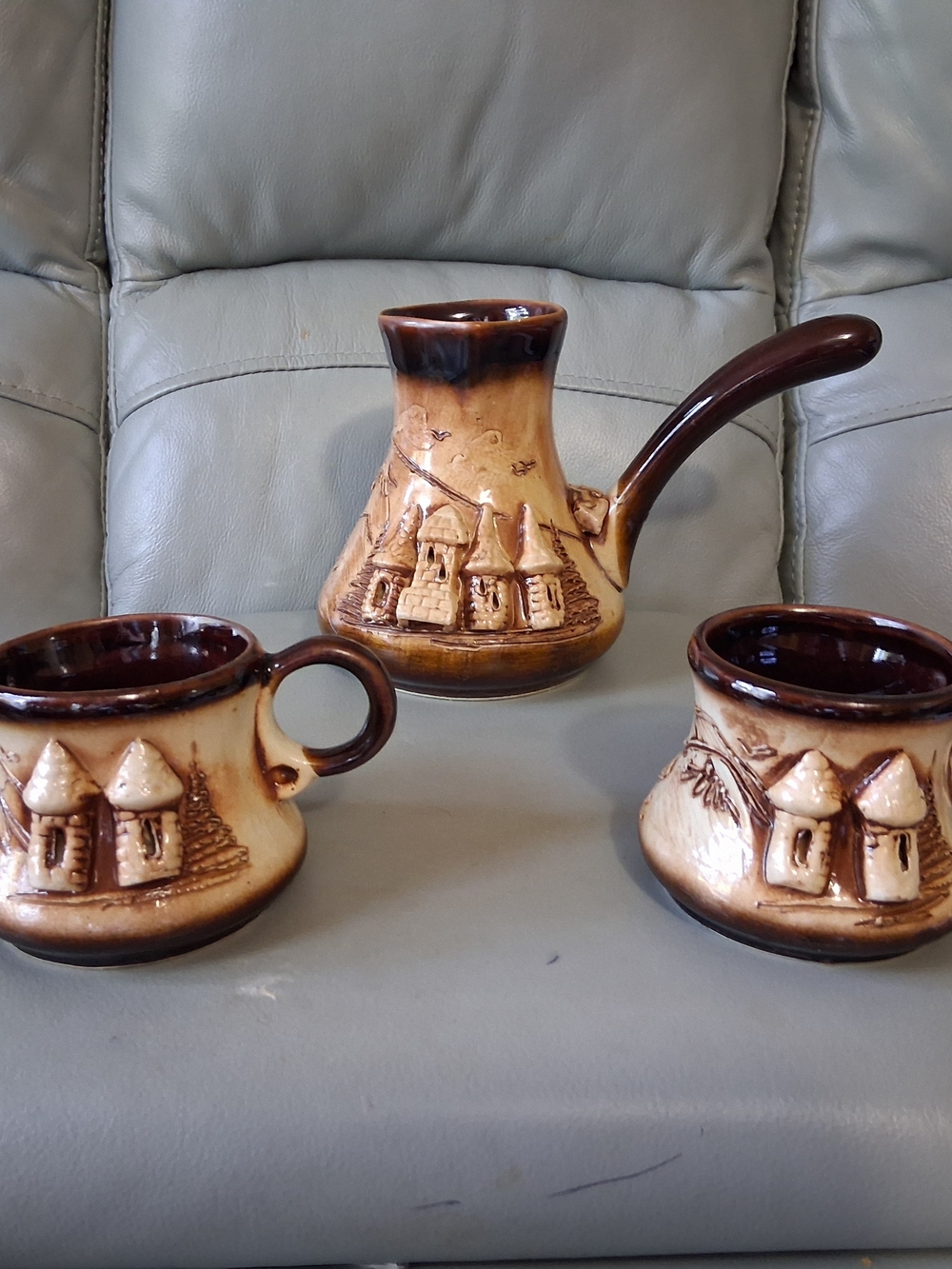Vintage Cezve Turkish Coffee Pot & 2 Matching Mugs